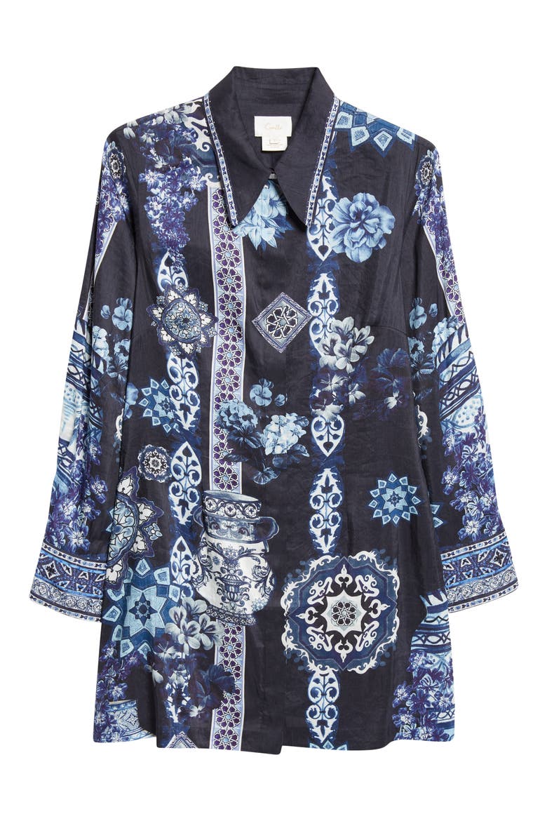 A Tiled Wonderland Long Sleeve Linen & Silk Twill Shirtdress, Alternate, color, A TILED WONDERLAND