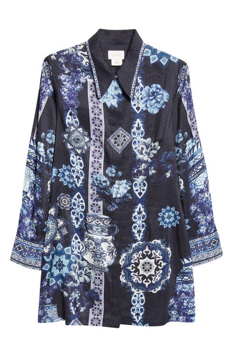 A Tiled Wonderland Long Sleeve Linen & Silk Twill Shirtdress