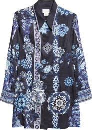 Camilla A Tiled Wonderland Long Sleeve Linen & Silk Twill Shirtdress