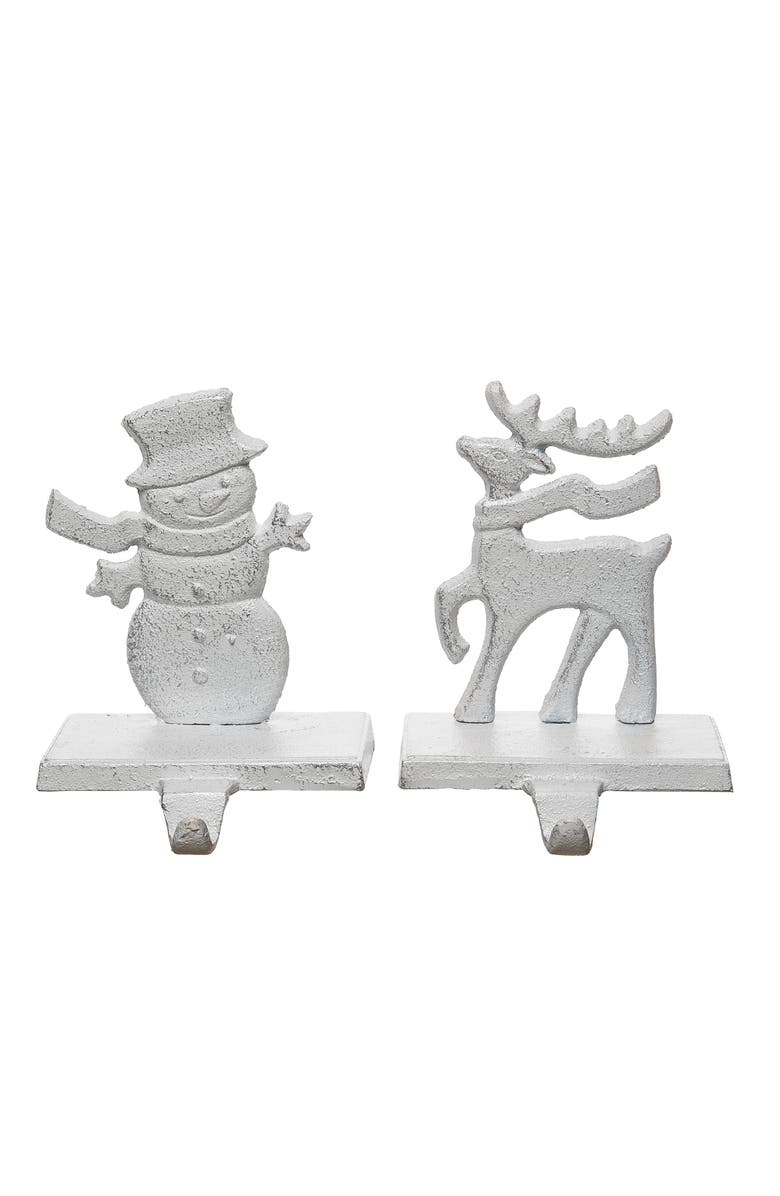 Transpac Cast Iron Snowman Reindeer Stocking Hanger Set of 2 Christmas, Main, color, White