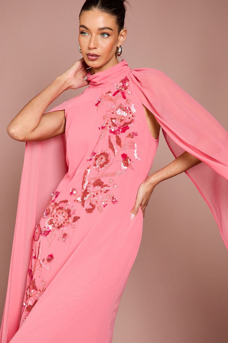 Floral Cape Maxi Dress, Alternate, color, Coral