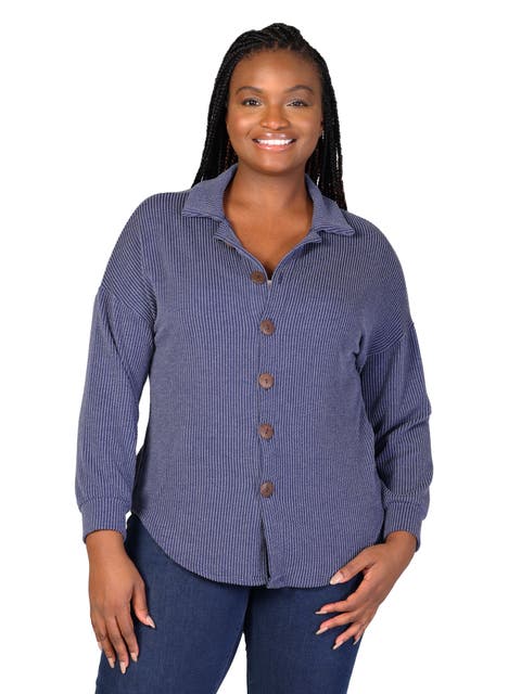 Plus Size Ribbed Button Up Long Sleeve Collared Shirt Jacket