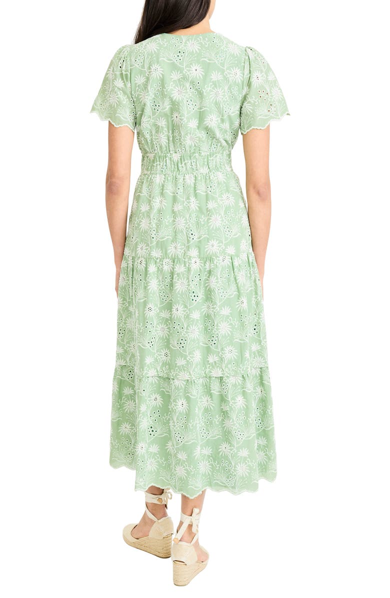 Maggy London Floral Embroidered V-Neck Tiered Midi Dress, Alternate, color, Fair Green/ Ivory