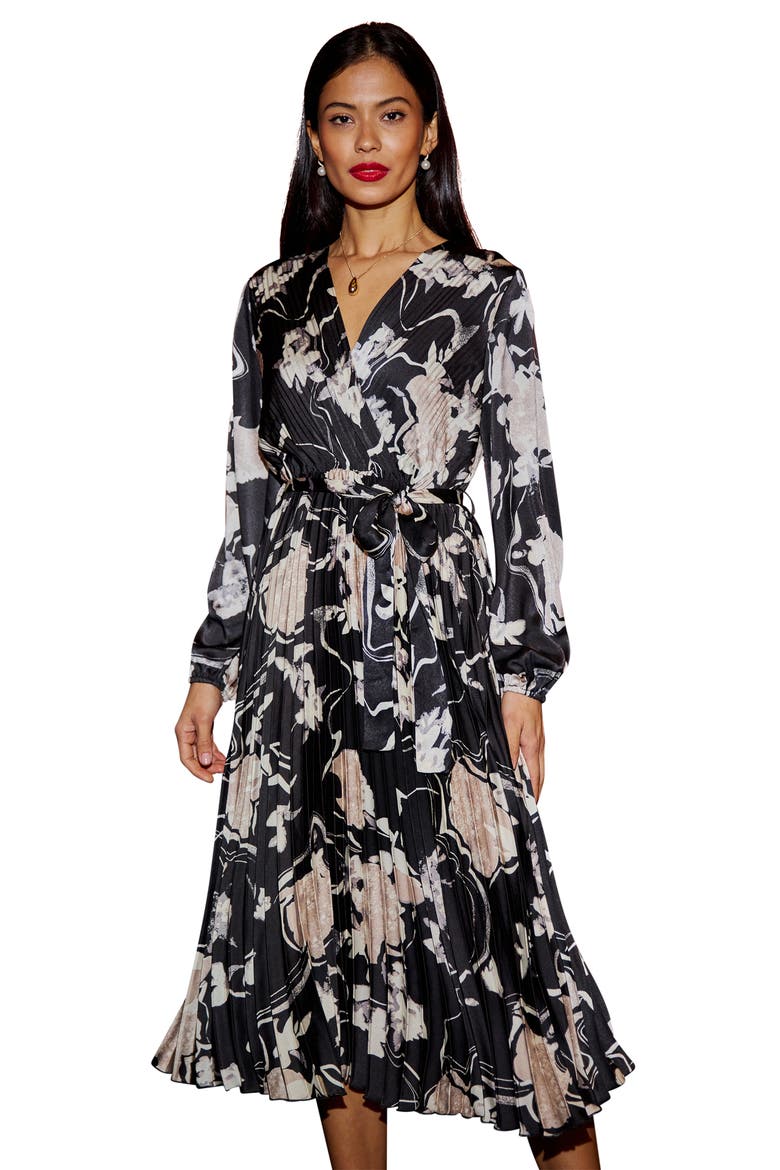Floral Satin Long Sleeve Midi Dress, Alternate, color, Black