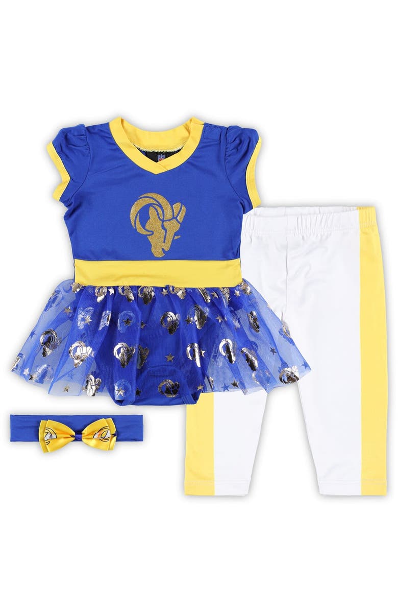 JERRY LEIGH Girls Infant Royal Los Angeles Rams Tailgate Game Day Bodysuit with Tutu, Headband & Leggings Cheerleader Set, Main, color, 