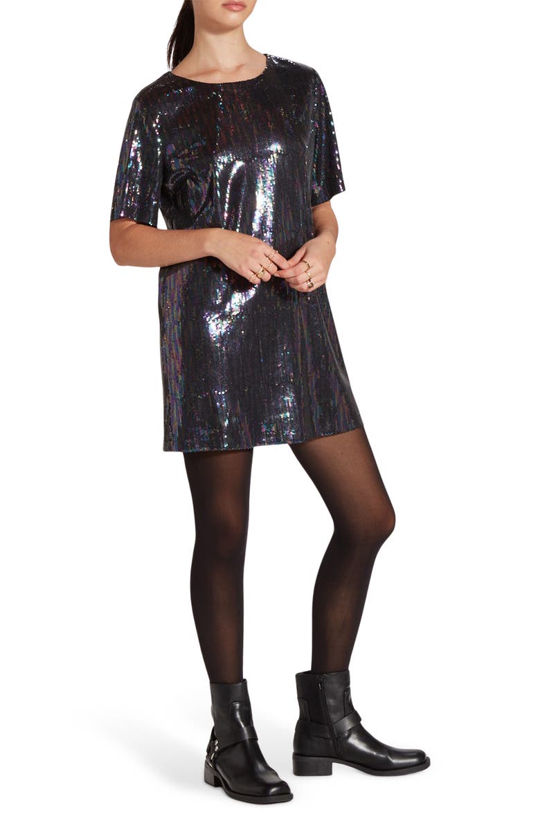 WISHLIST Short Sleeve Sequin T-Shirt Dress, Alternate, color, Black