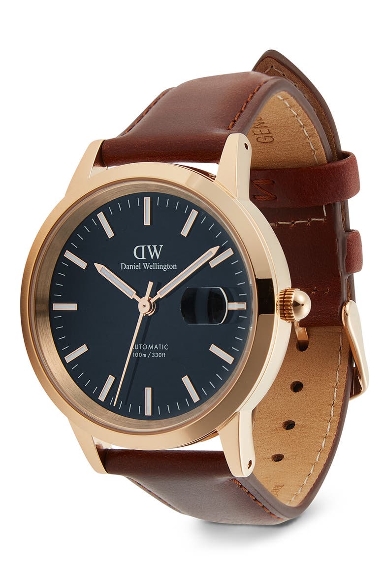 Iconic Automatic Leather Strap Watch, 40mm, Alternate, color, BROWN/ ROSE GOLD