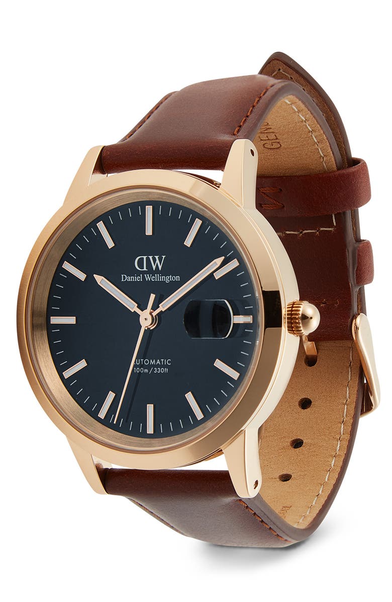 Daniel Wellington Iconic Automatic Leather Strap Watch, 40mm, Alternate, color, Brown/ Rose Gold