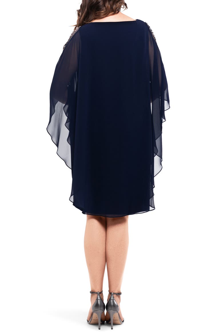 Xscape Chiffon Overlay Beaded Sleeve Cocktail Dress, Alternate, color, NAVY