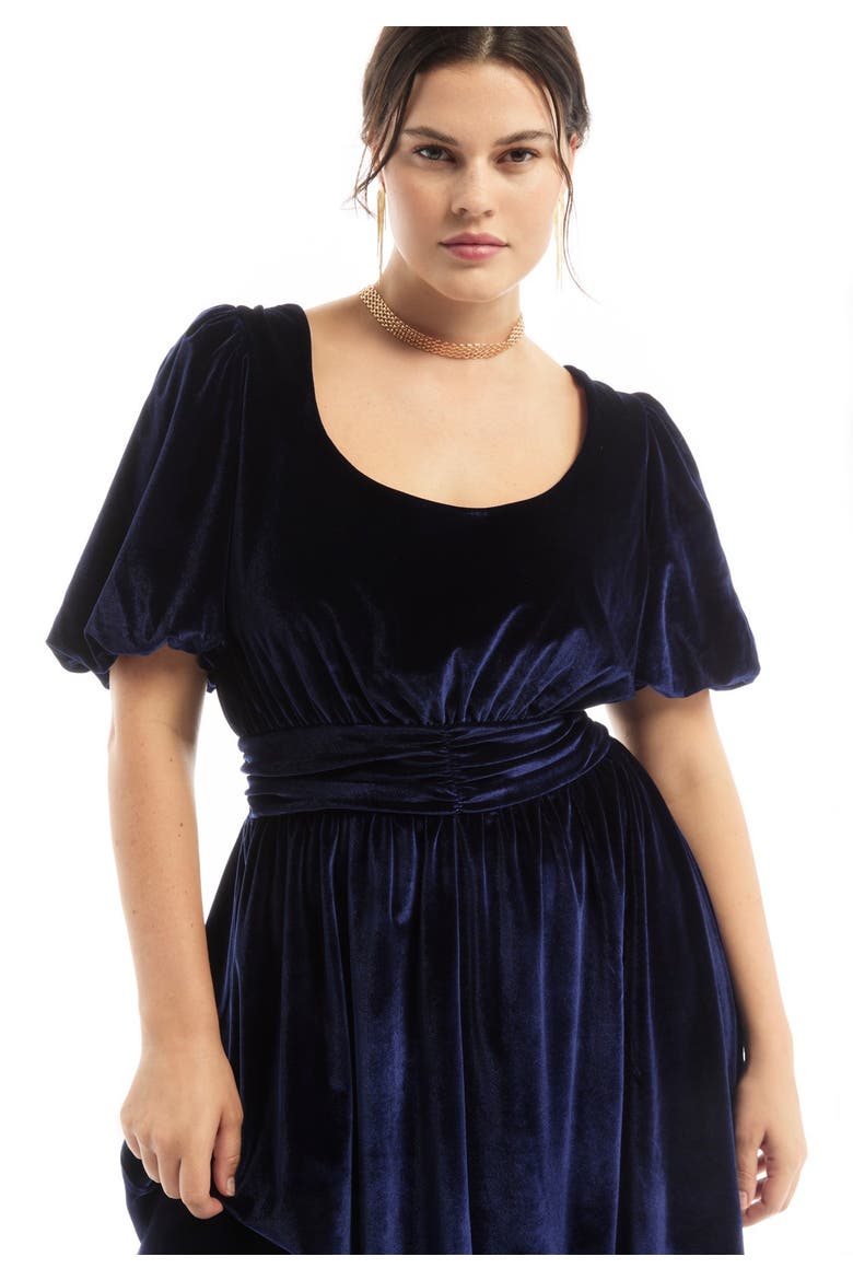 Puff Sleeve Stretch Velvet Midi Dress, Alternate, color, INKLING