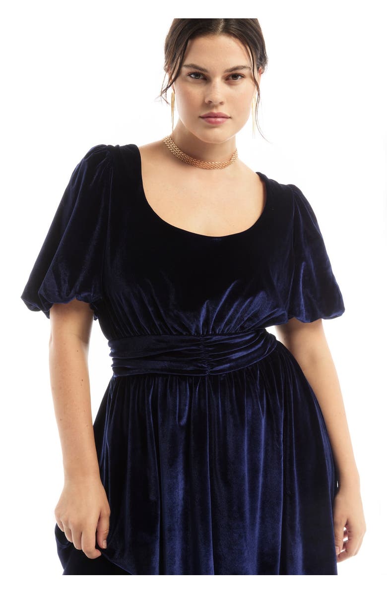 June + Vie Puff Sleeve Stretch-Velvet Midi Dress, Alternate, color, Inkling