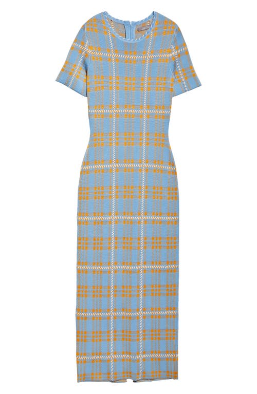 Lela Rose Plaid Whipstitch Trim Midi Sheath Dress In Powder Blue