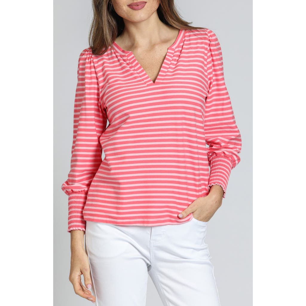 Apny Stripe Puff Shoulder Top In Pink