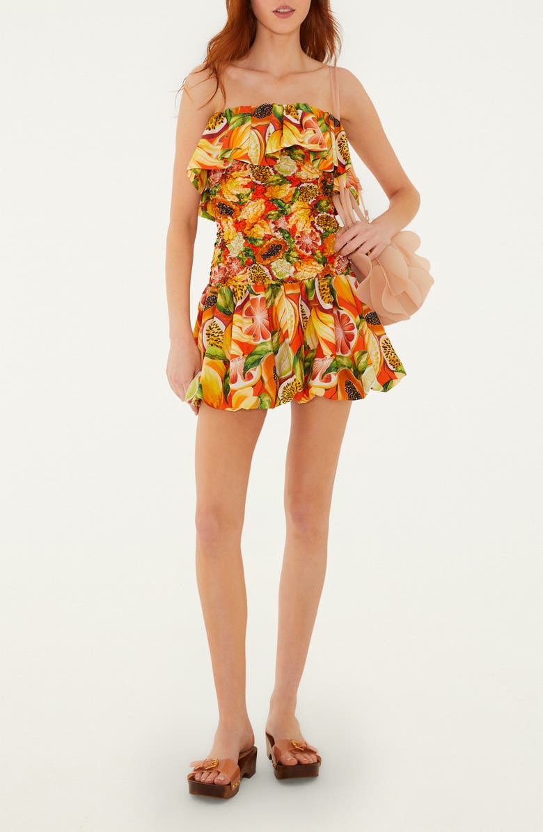 FARM Rio Fruit Print Ruffle Strapless Minidress, Main, color, Fruit Garden Red