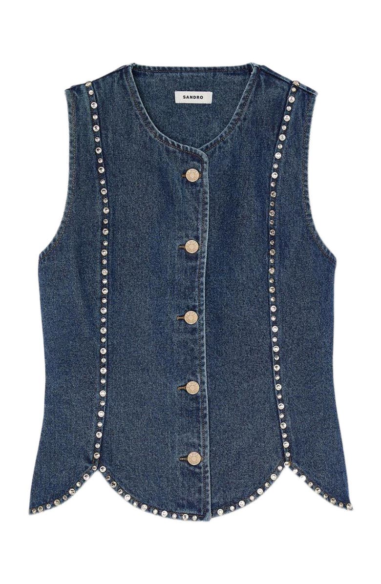 SANDRO Rhinestone denim top, Alternate, color, Blue Jean