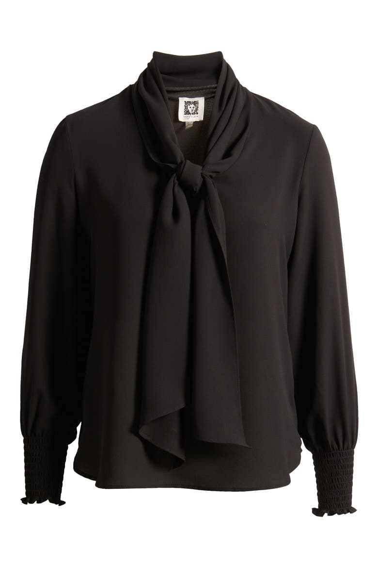 Crêpe de Chine Tie Neck Blouse, Alternate, color, ANNE BLACK