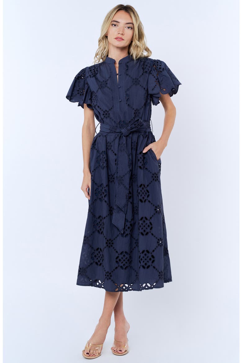 Willa Eyelet Lace Midi Shirtdress, Alternate, color, NAVY