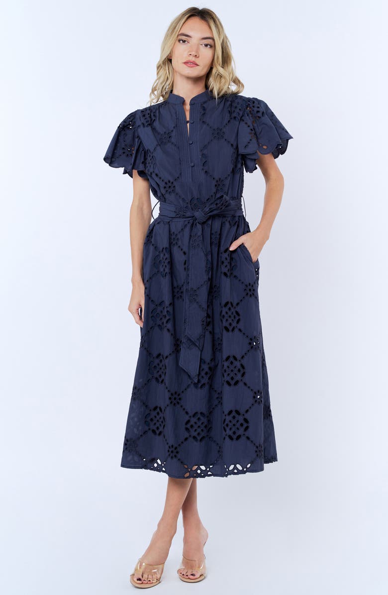 CIEBON Willa Eyelet Lace Midi Shirtdress, Alternate, color, Navy