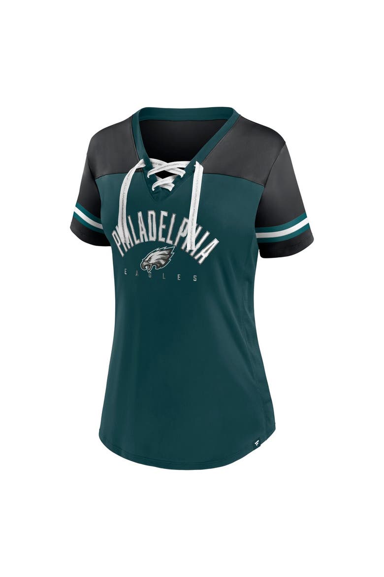 Women's Fanatics Branded Midnight Green/Black Philadelphia Eagles Blitz & Glam Lace-Up V-Neck Jersey T-Shirt, Alternate, color, Green