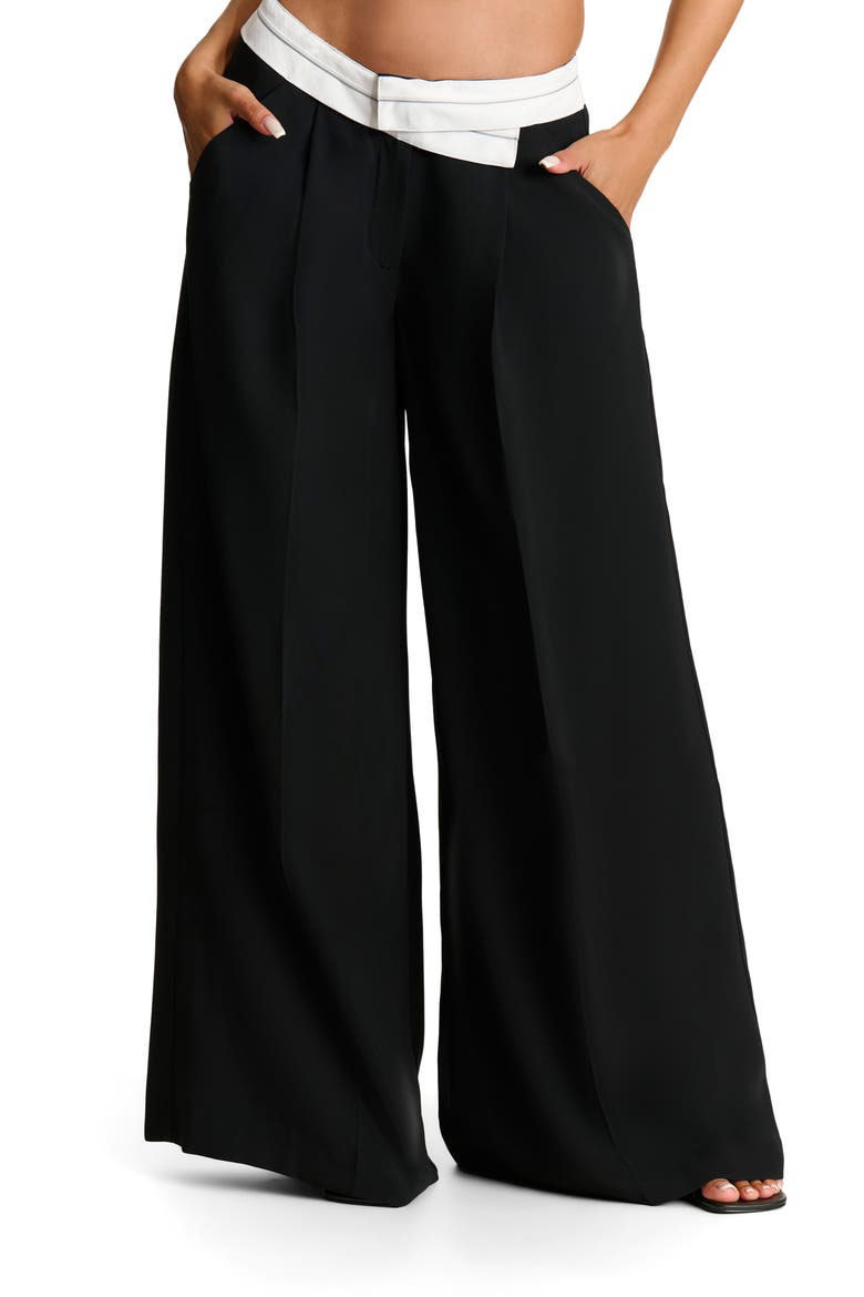 Foldover Waist Wide Leg Trousers, Main, color, BLACK