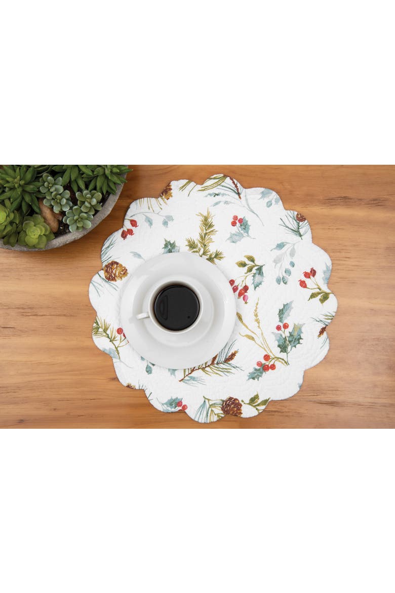 Edith Quilted Reversible Holly Botanical Placemats Set of 6, 13" x 19", Alternate, color, White