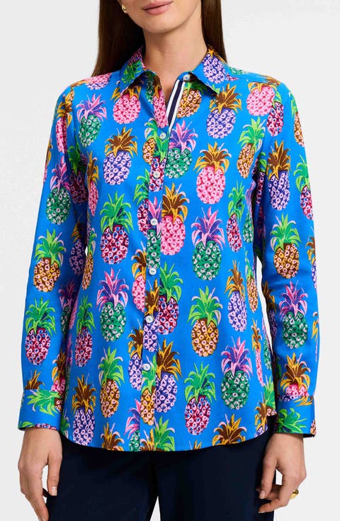 Zoey Pineapple Print Cotton Button-Up Shirt