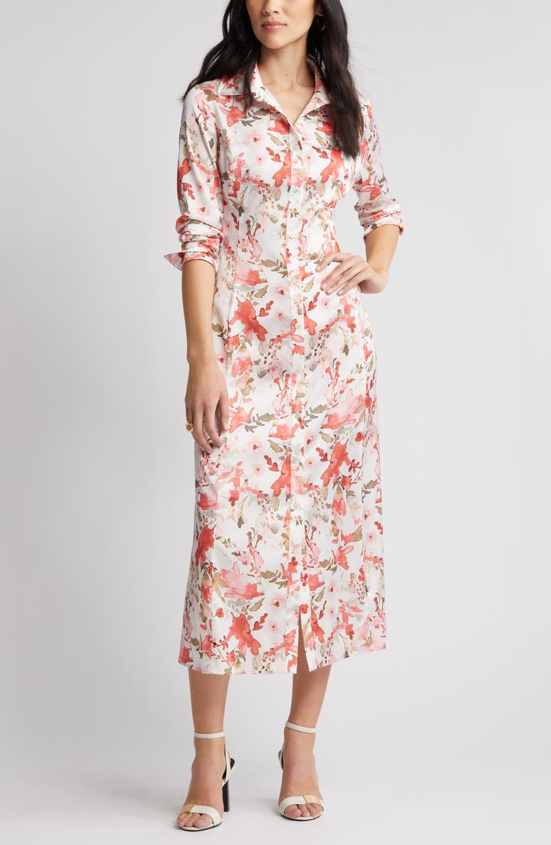 Ming Wang Watercolor Floral Long Sleeve Crêpe de Chine Shirtdress, Alternate, color, 