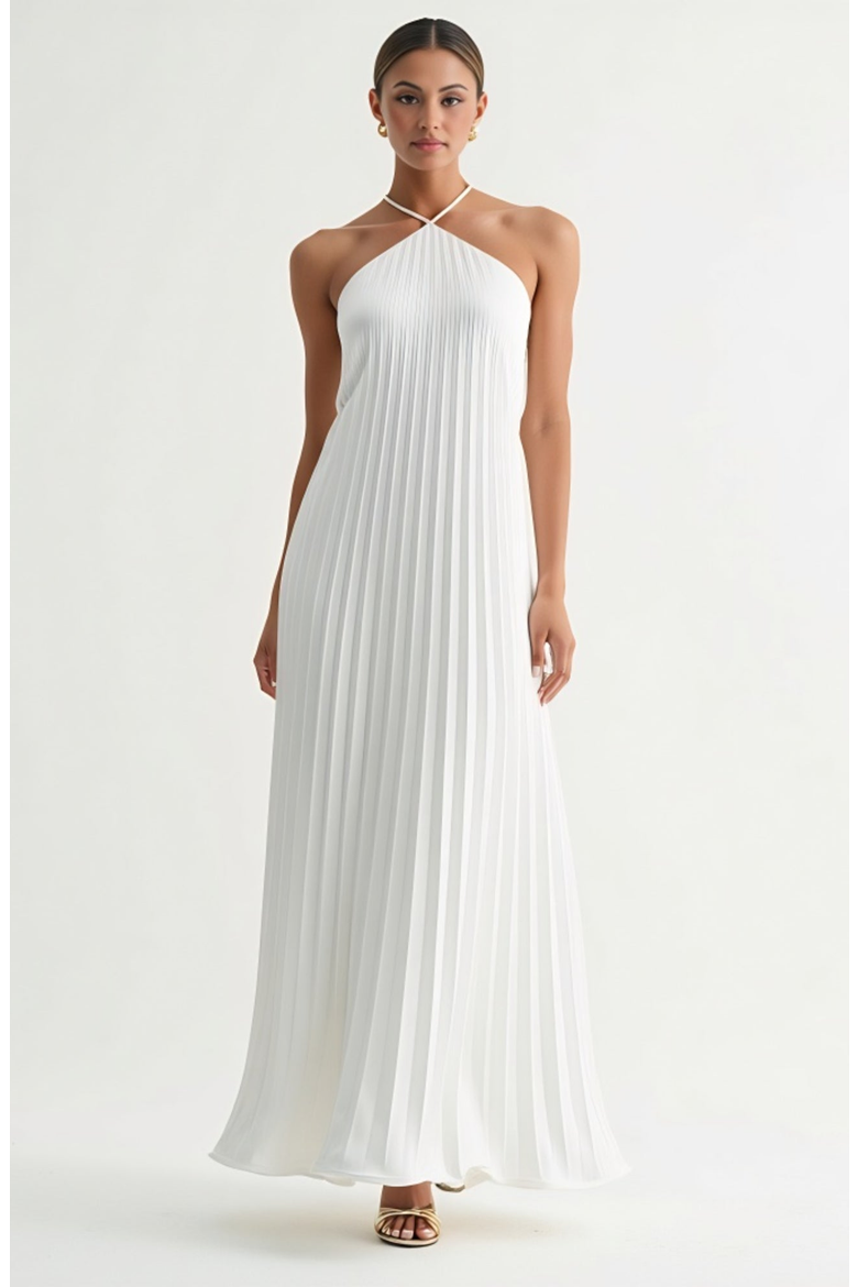 Backless Pleated Crisscross-Strap Maxi Dress, Main, color, White