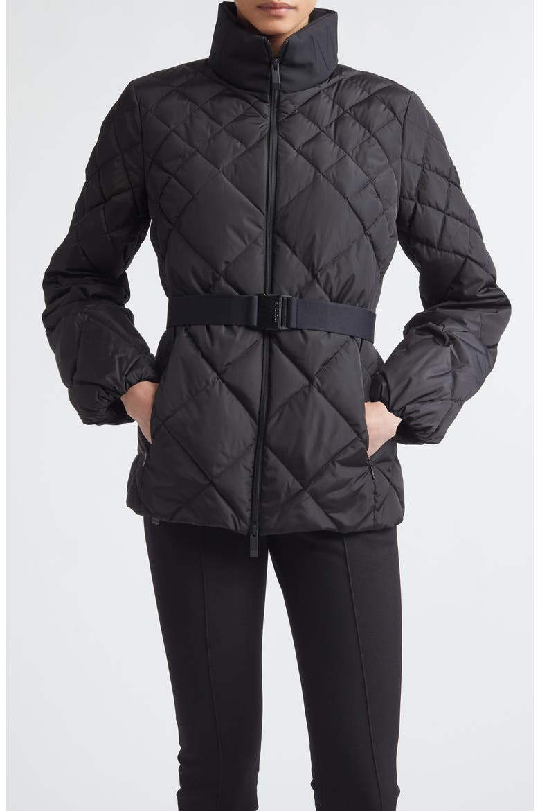 Balsamine Belted Water Repellent Quilted Down Jacket, Main, color, BLACK