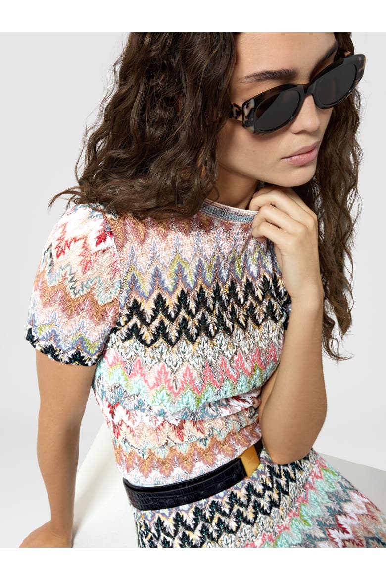 Crew-neck T-shirt In Cotton And Viscose Lamé With Lace Motif, Alternate, color, Multicoloured