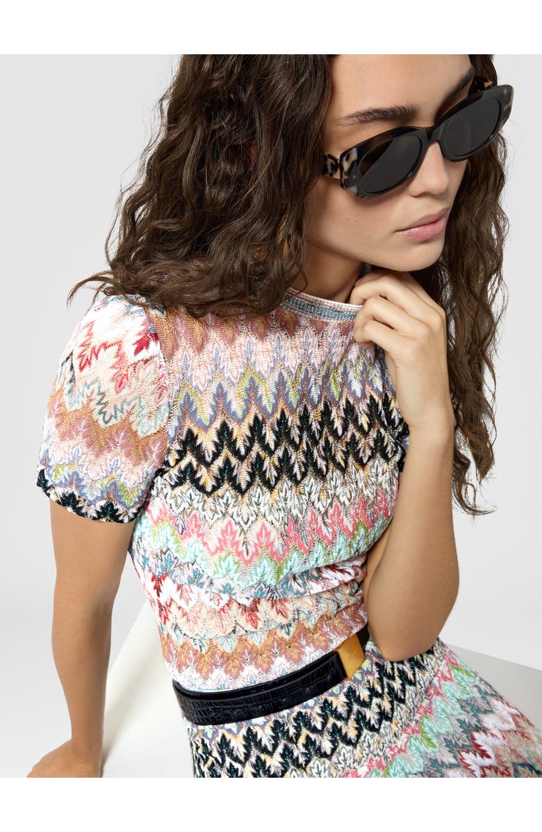 Missoni Cotton And Viscose Lamé Crewneck T-shirt With Lace Motif, Alternate, color, Green& Brown