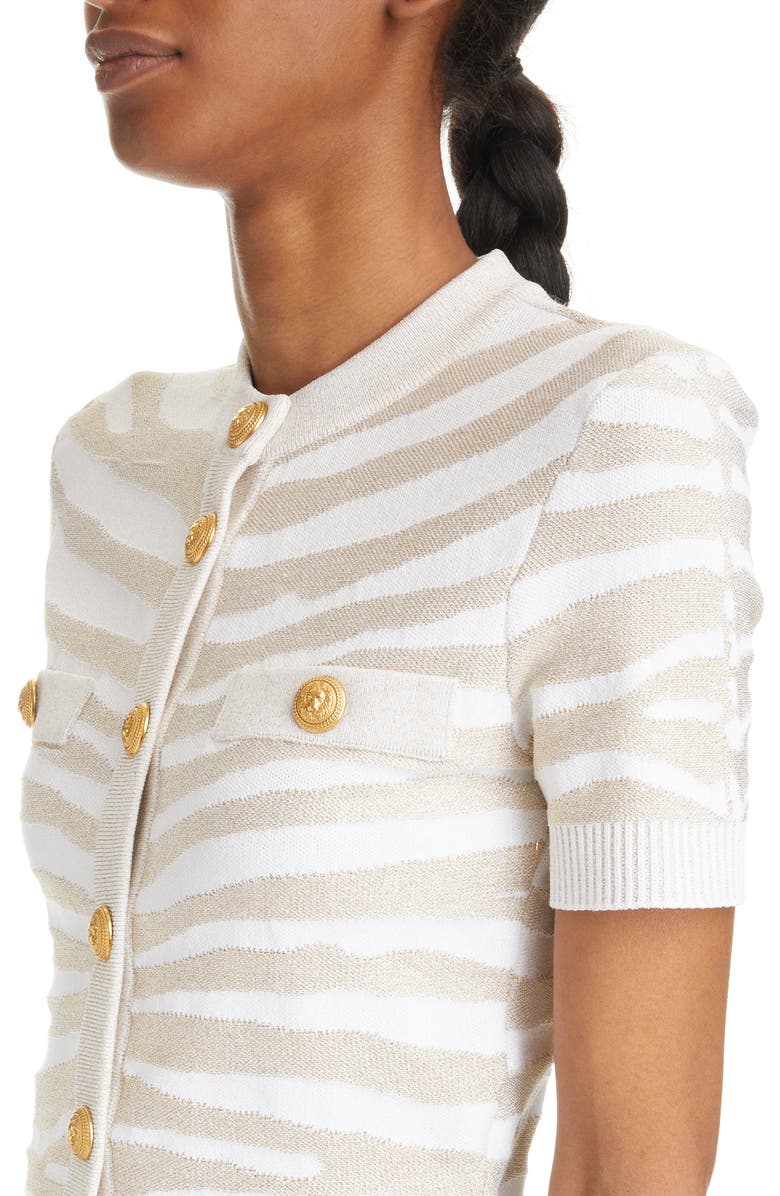 Balmain Metallic Zebra Stripe Short Sleeve Cardigan, Alternate, color,