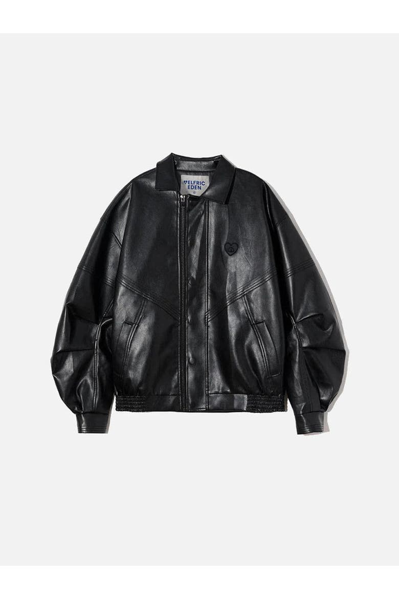 Zip Up Ruched Leather Jacket, Alternate, color, Black