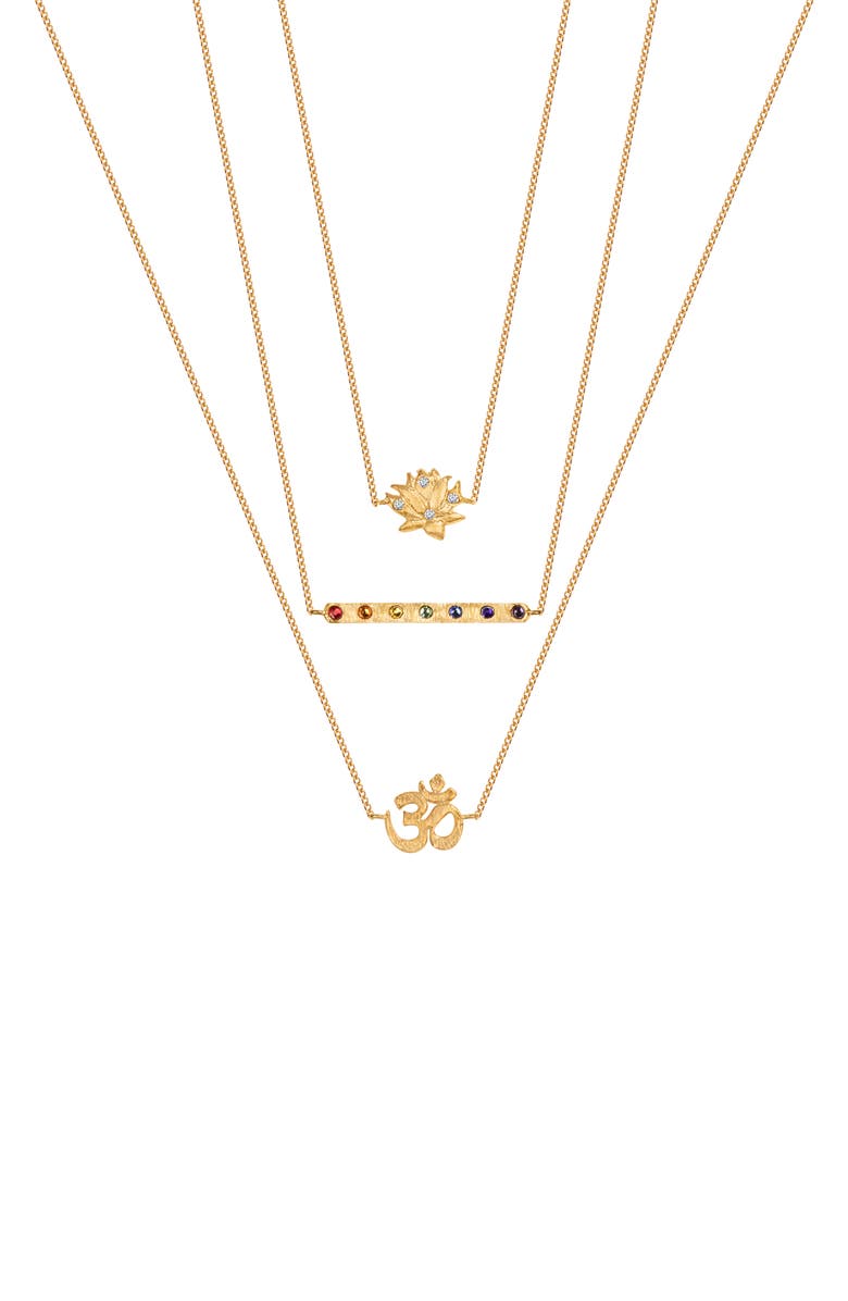 Karma and Luck Aligned in Serenity - Lotus OM Chakra Bar Triple Layer Necklace, Main, color, Gold