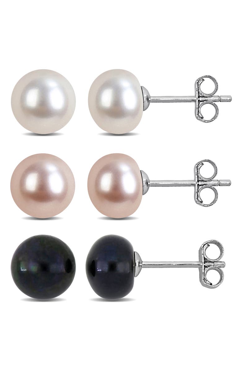 DELMAR Set of 3 Cultured Freshwater Pearl Stud Earrings, Main, color, Pink Multi