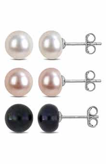 DELMAR Set of 3 Cultured Freshwater Pearl Stud Earrings