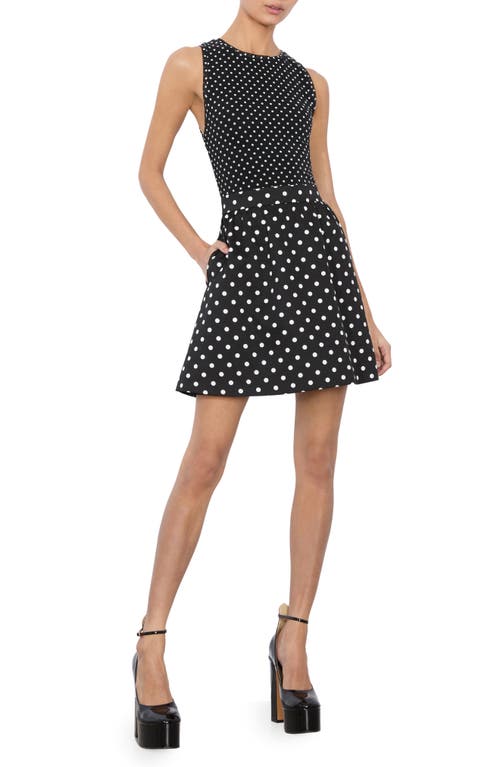 Alice And Olivia Alice + Olivia Chara Mixed Scale Polka Sot Sleeveless Fit & Flare Minidress In Black With White Dots
