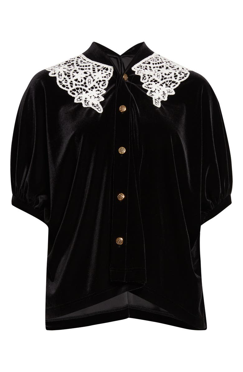 Junya Watanabe Lace Trim Velour Cardigan, Alternate, color, Black X Off White