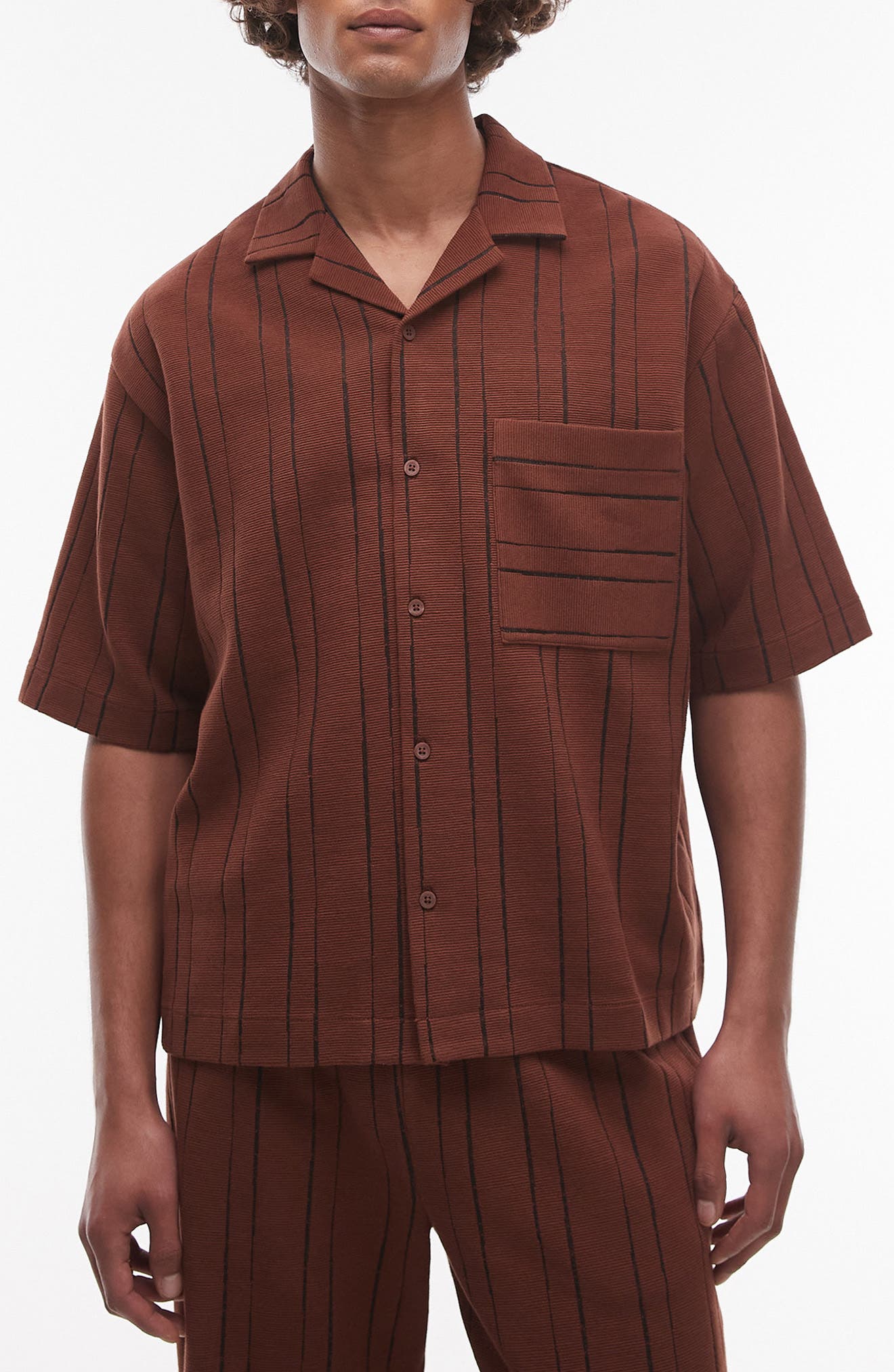 Topman Oversize Stripe Textured Cotton Blend Knit Camp Shirt