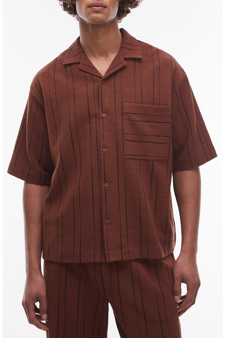 Oversize Stripe Textured Cotton Blend Knit Camp Shirt, Main, color, BROWN