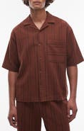 Topman Oversize Stripe Textured Cotton Blend Knit Camp Shirt