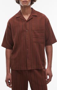 Topman Oversize Stripe Textured Cotton Blend Knit Camp Shirt