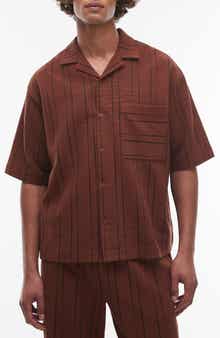 Topman Oversize Stripe Textured Cotton Blend Knit Camp Shirt