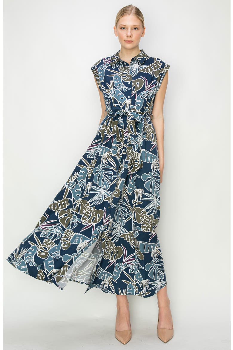 Tropical Print Extended Shoulder Shirtdress, Alternate, color, NAVY TROPICAL