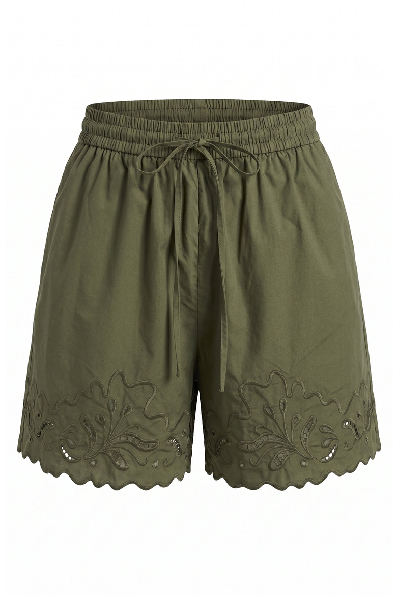 Eyelet Embroidered Shorts with Drawstring Waist and Scalloped Hems, Alternate, color, Green