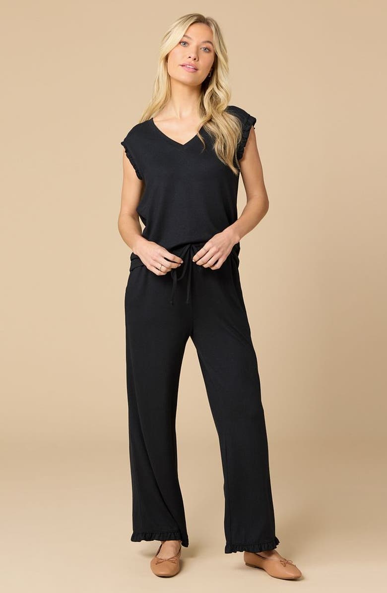 Softies Dream Ruffle V-neck with Cropped Ruffle Edge Pant, Main, color, Black