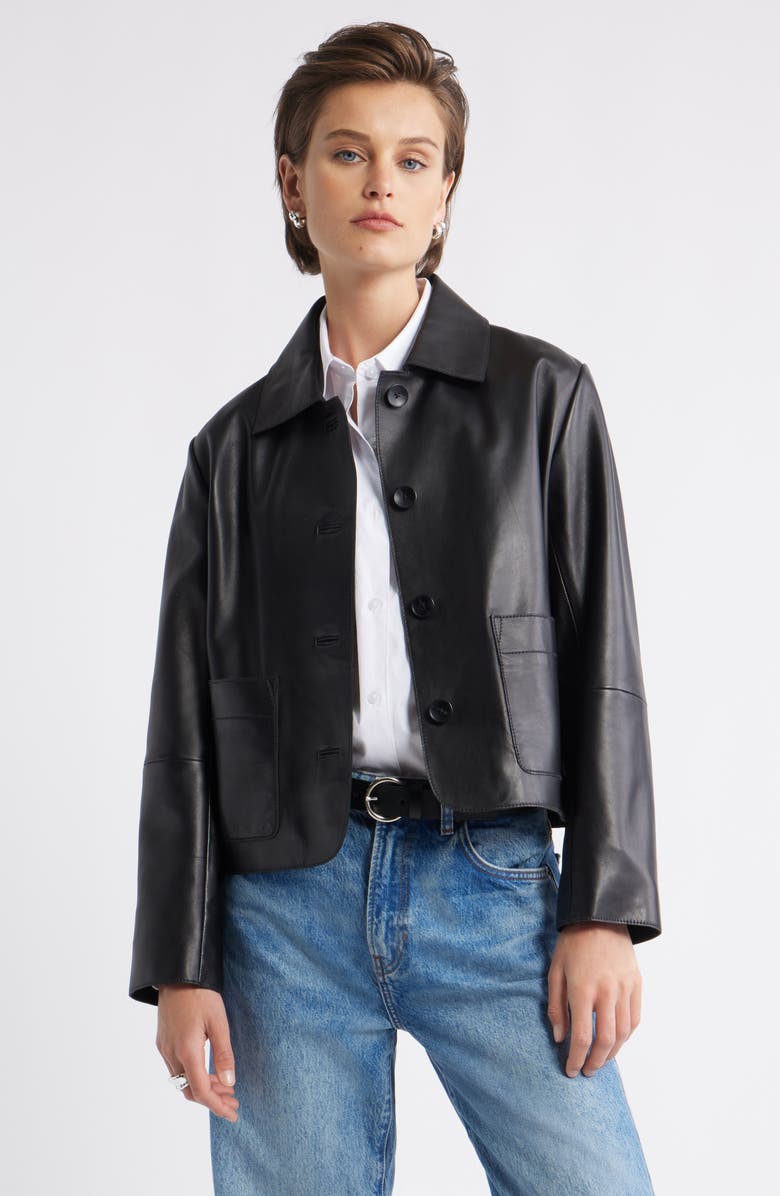 Nordstrom Crop Leather Jacket, Main, color, Black
