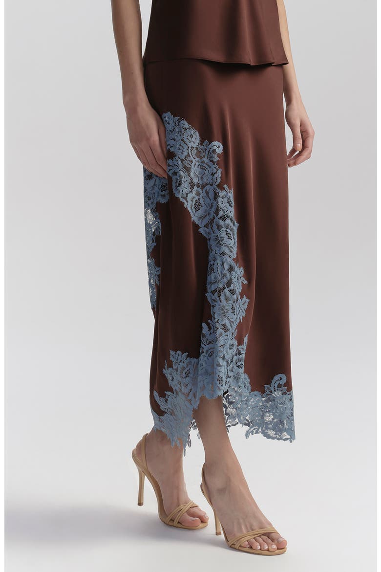 Olivia Lace Trim Asymmetric Satin Maxi Skirt, Alternate, color, GANACHE/ FRENCH BLUE