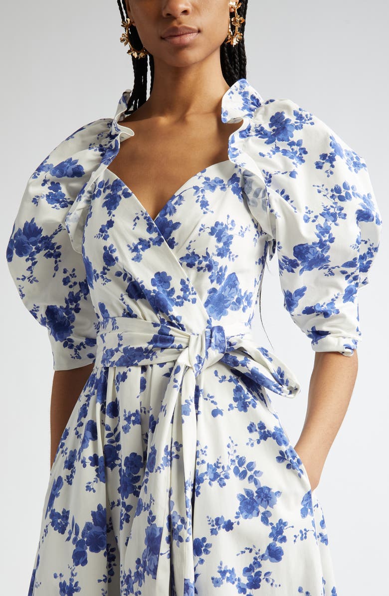 Carolina Herrera Floral Print Puff Sleeve Faux Wrap Dress, Alternate, color, White Multi