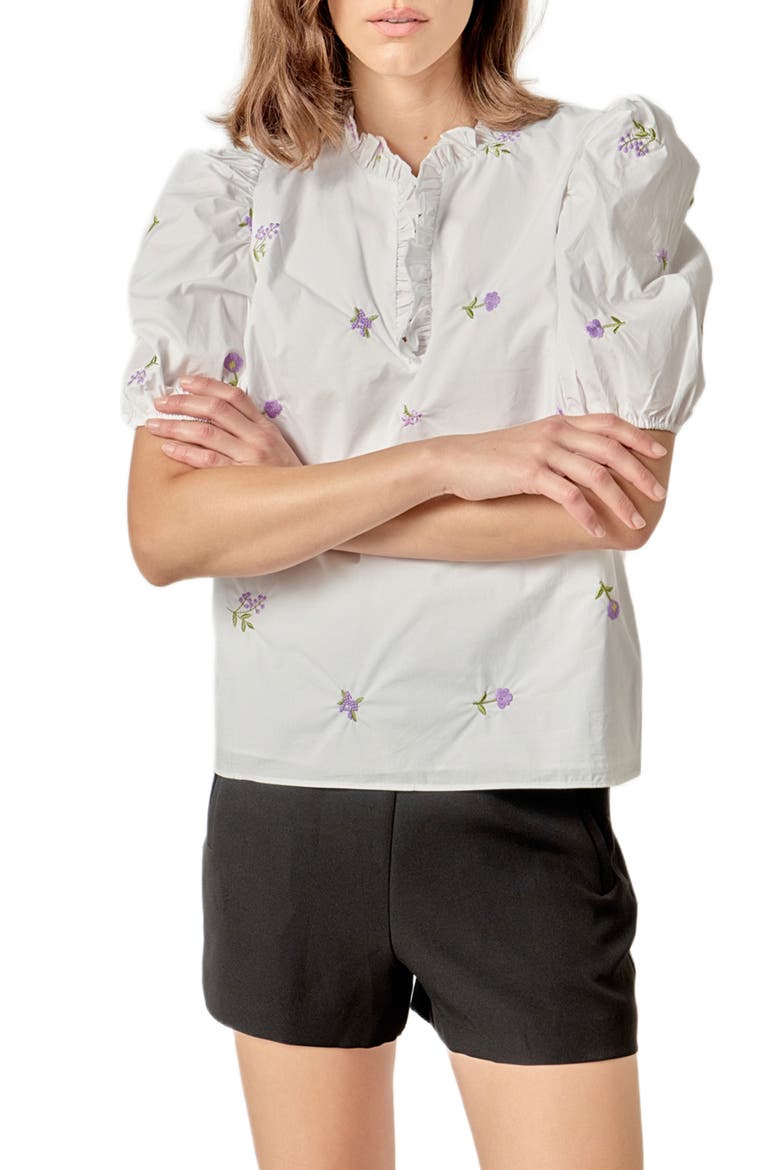 Floral Embroidery V-Neck Top, Alternate, color, WHITE
